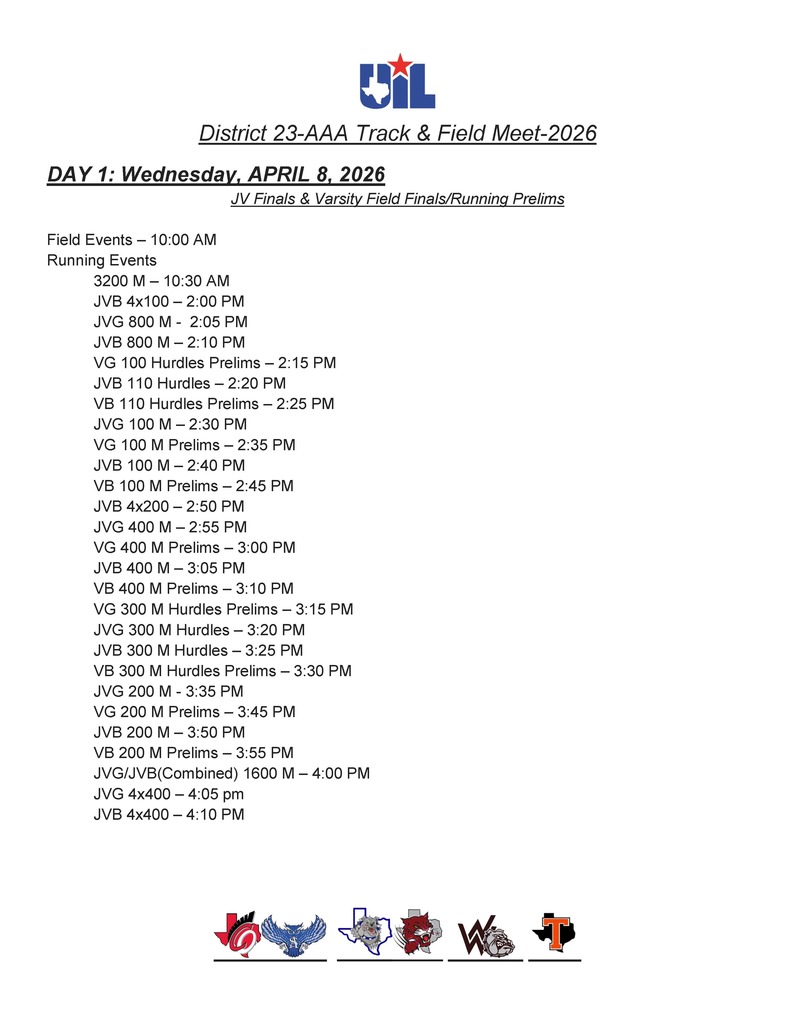 🏃♂️🏃♀️ Crockett High School Track is hosting District! Our Bulldogs will compete here at Crockett for the District Meet on April 8–9, 2026. 📄 Please see the attached schedule for event times. Come out and support our athletes as they race, jump, and throw their way to the top. Go Bulldogs!