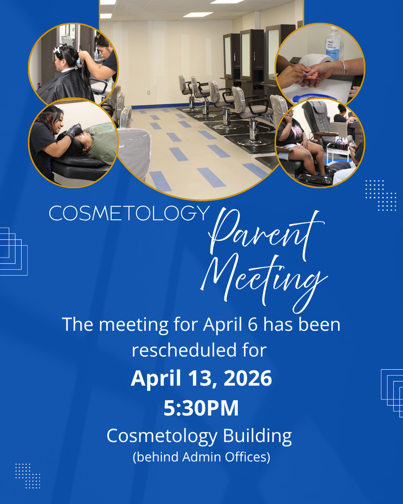 📣 Attention CHS Parents and Students The Cosmetology Parent Meeting has been rescheduled to April 13, 2026 at 5:30PM in the Cosmetology Building. If your child is interested in joining the Cosmetology Program, this meeting is an important opportunity to learn more and get connected.
