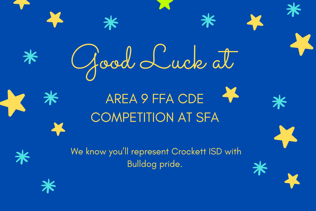 🌟 Wishing the best of luck to our Crockett FFA students as they compete in the Area 9 FFA CDE Competition today. Go show what you can do!