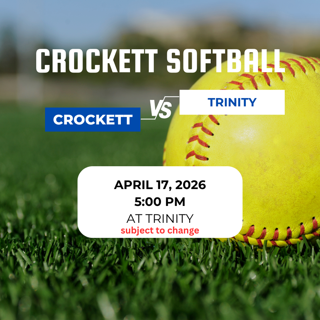 🥎⚾ Crockett Softball and Baseball hit the road to take on Trinity on April 17!   Softball starts at 5 PM and Baseball at 5:30 PM. Let’s cheer on our Bulldogs as they compete away from home.