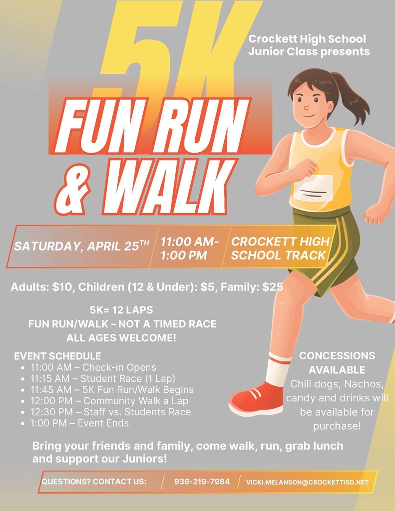 Lace up, Crockett! 🏃‍♂️🎉 Join us for the CHS Juniors Fun Run & Walk on April 25, 2026 • 11 AM–1 PM at the Crockett High School Track.  💲 Adults $10 💲 Kids under 12 $4 💲 Family Pass $25  Food, fun, and community — all while supporting our amazing Juniors.