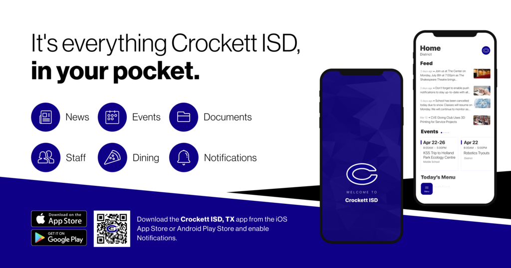 Hey CISD families! 💙 Want to keep up with everything happening across Crockett ISD? Our district app has you covered — news, events, athletics, tickets, and all the updates you need in one place.  Use the QR code below to download from the App Store or Google Play. It’s a busy time for our students, and we’d love for you to be part of every moment.