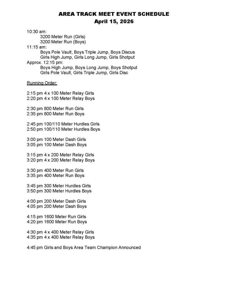 Area Track Event Schedule