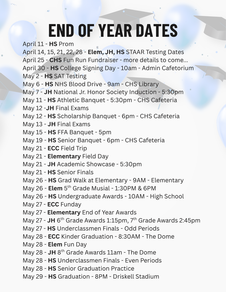 Crockett ISD Weekly Events • April 20–25, 2026 Plus a look ahead at our End‑of‑Year Events! All events subject to change