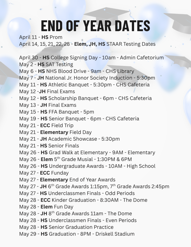 Crockett ISD Weekly Events for April 24 - May 2, 2026 and End of the Year Dates. **Events are subject to change**