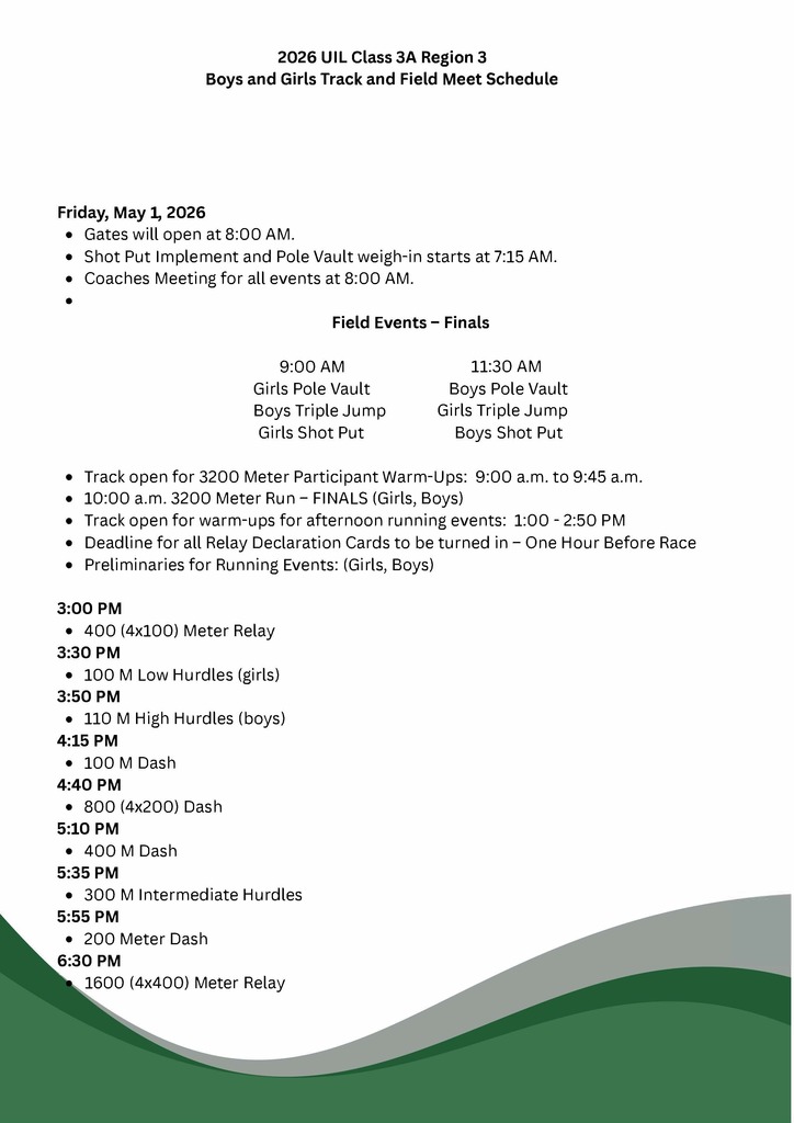 May 1, 2026 Regional Track Meet Events