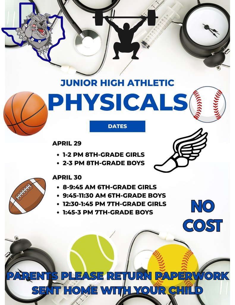 📣 Attention Junior High Athletes!   All student‑athletes must have a physical on file to participate in sports. Starting tomorrow, April 29, a doctor will be on campus offering free physicals. Students should return the medical history paperwork they brought home along with the physical form. Check out the schedule below for your physical time.