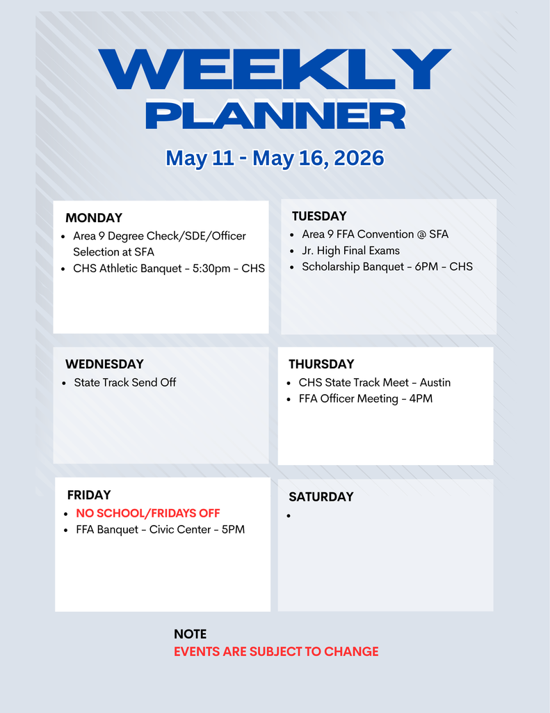 Crockett ISD Weekly and Monthly Events. *events are subject to change*