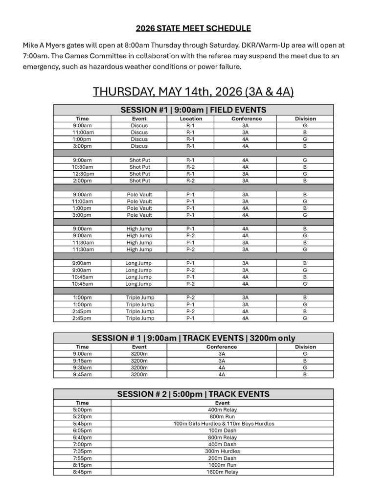 Crockett High School State Qualifiers will compete at the State Meet on May 14, 2026 at Mike A. Meyers Stadium in Austin, TX. Please refer to the attached schedule for event times. Wishing all of our athletes the best of luck.