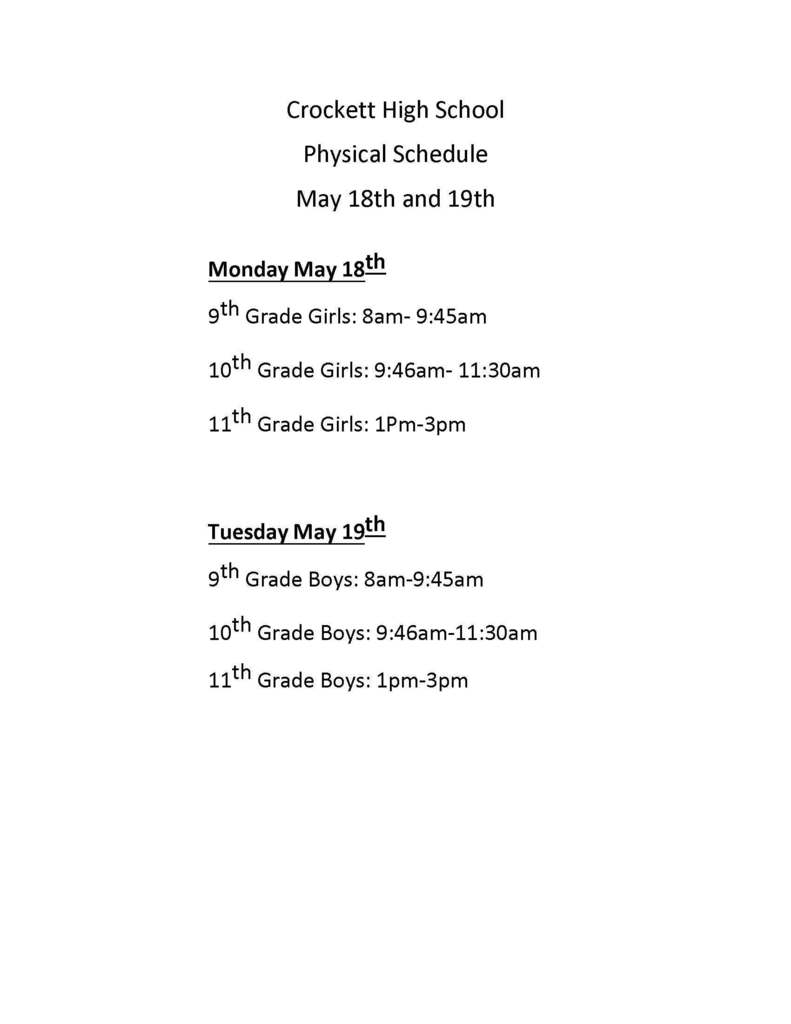Crockett High School Athletics will host Sports Physicals for all 9th–11th grade athletes on May 18 & 19, 2026. Forms are being sent home today—please complete and return them on your child’s assigned day. 📅 Girls: May 18 📅 Boys: May 19 If your child misses their scheduled day, families will be responsible for getting the physical completed before they can practice, condition, or compete. Please note: We will NOT be using the Aktivate App this year.
