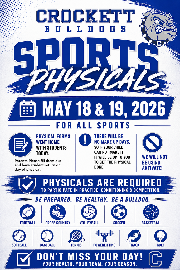 Crockett High School Athletics will host Sports Physicals for all 9th–11th grade athletes on May 18 & 19, 2026. Forms are being sent home today—please complete and return them on your child’s assigned day. 📅 Girls: May 18 📅 Boys: May 19 If your child misses their scheduled day, families will be responsible for getting the physical completed before they can practice, condition, or compete. Please note: We will NOT be using the Aktivate App this year.
