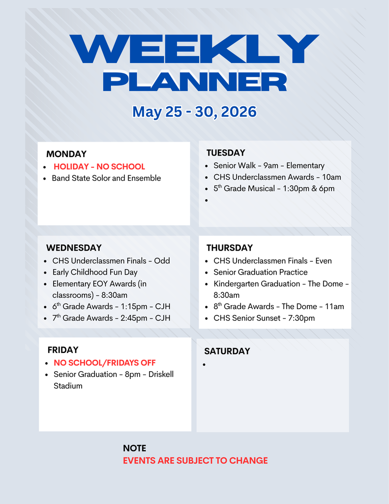 🌟 Crockett ISD Weekly Events & Important Dates   Here’s what’s happening during this final week of school—let’s finish strong, Bulldogs! Note: Dates and times may change.
