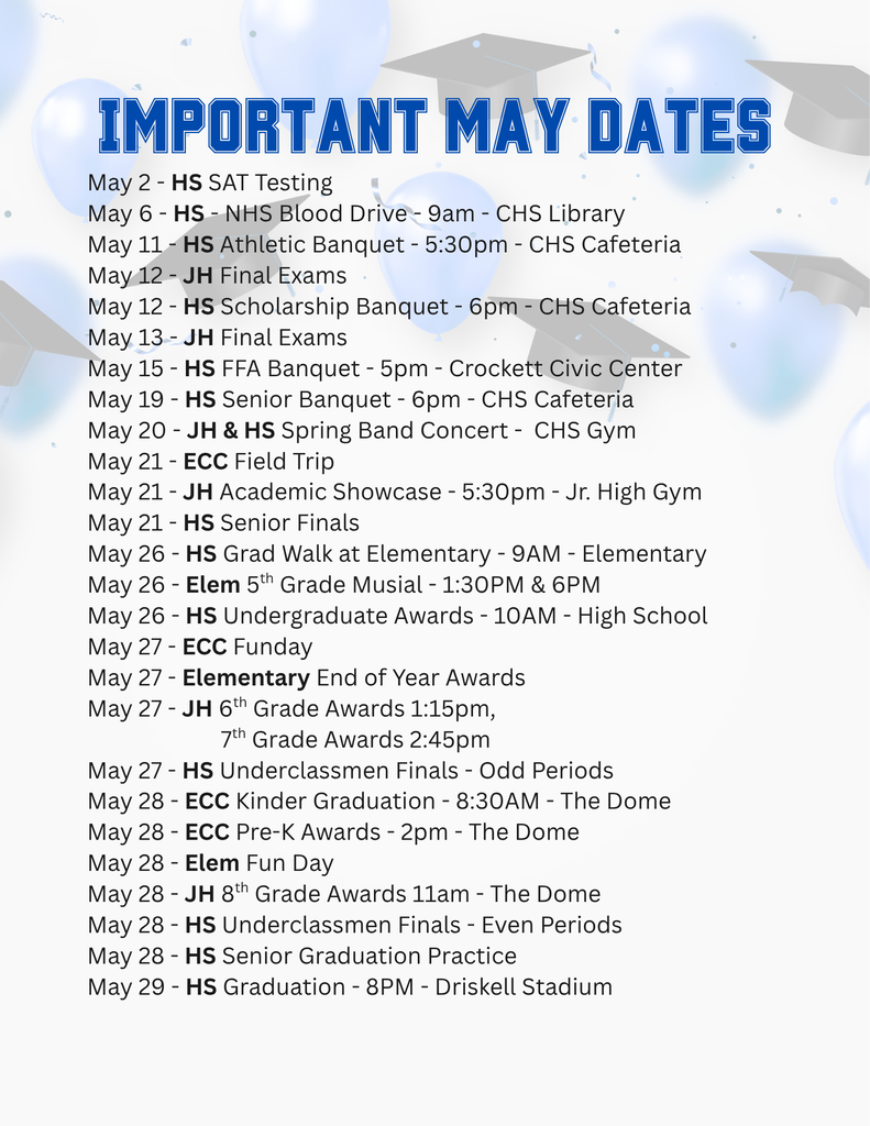 🌟 Crockett ISD Weekly Events & Key Dates to Remember   We’re excited to share what’s coming up this week in our schools. Note: Dates and times may change.