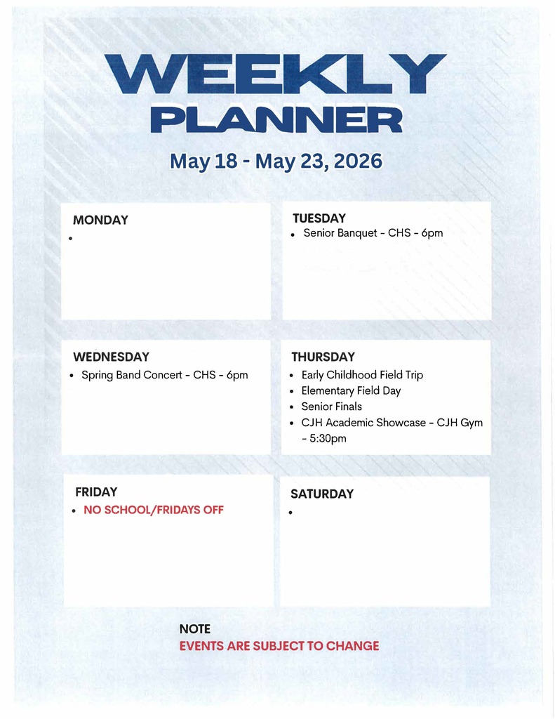 🌟 Crockett ISD Weekly Events & Key Dates to Remember  We’re excited to share what’s coming up this week in our schools. Note: Dates and times may change.