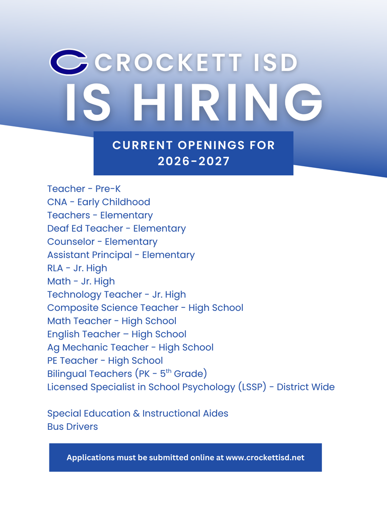 📣 Crockett ISD is hiring!   Join the Bulldog Team and make an impact every day. Let’s build the future together.