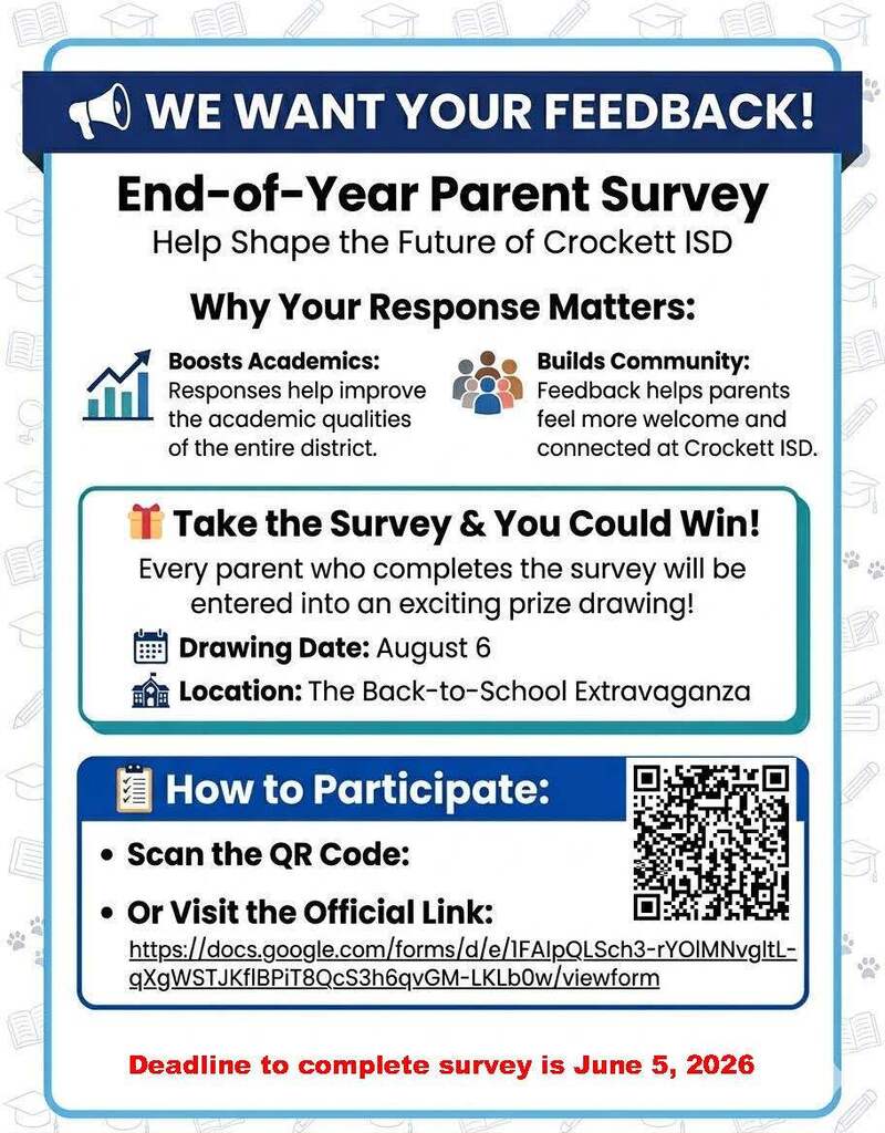 📣 Attention Crockett ISD Parents! We want to hear from you. Please take a moment to complete our End‑of‑Year Parent Survey and help us continue improving for our students and families. Everyone who participates will be entered into a drawing on August 6 at our Back to School Extravaganza. 🎉 Scan the QR code to get started. The survey closes June 5, 2026. Thank you for your feedback and support!