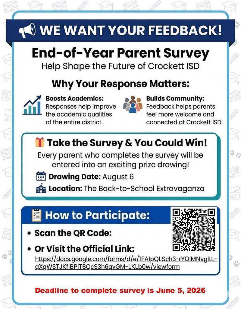 📣 Attention Crockett ISD Parents!   We want to hear from you. Please take a moment to complete our End‑of‑Year Parent Survey and help us continue improving for our students and families.  Everyone who participates will be entered into a drawing on August 6 at our Back to School Extravaganza. 🎉 Scan the QR code to get started. The survey closes June 5, 2026.  Thank you for your feedback and support!