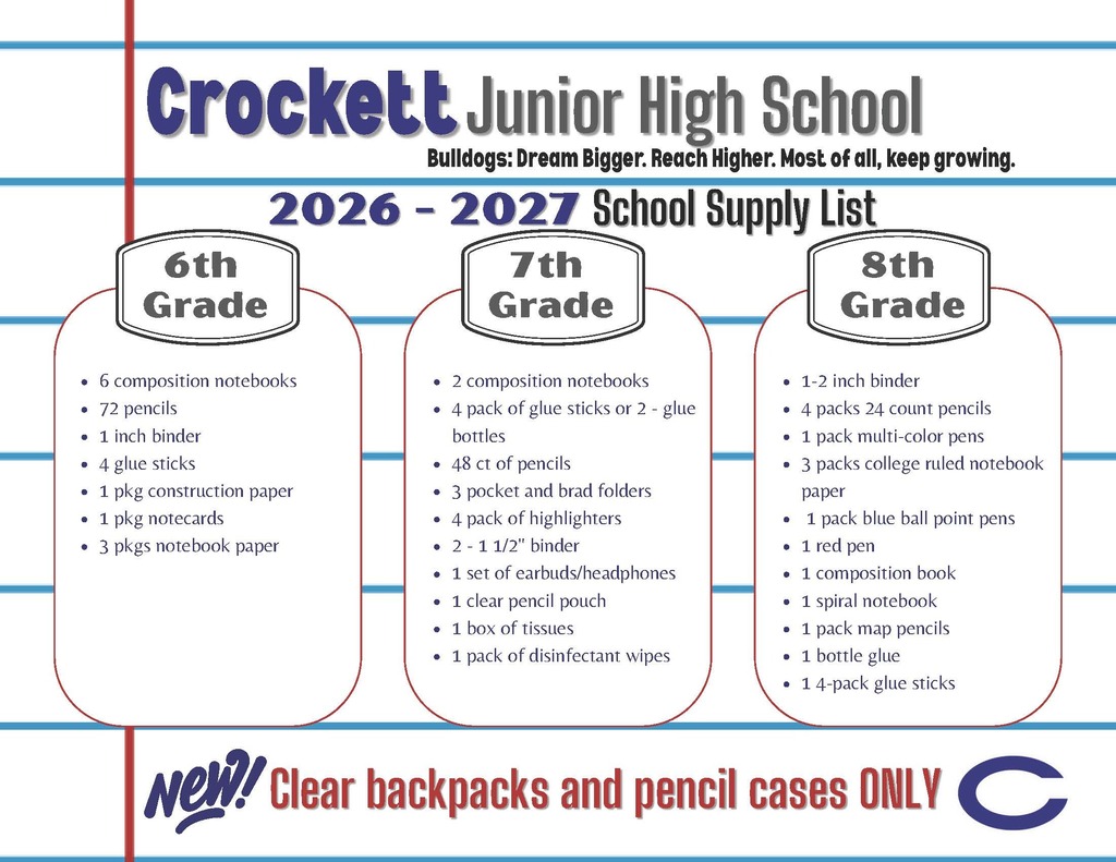 📝🎒 The Crockett Jr. High School Supply List is now available. Check it out and start prepping for the new school year.