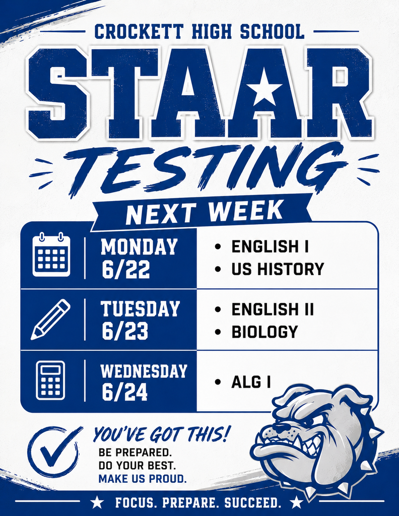 Heads up, Bulldog families! 🐾 STAAR testing for our Summer School students is happening next week. Please review the schedule for all the info you need.