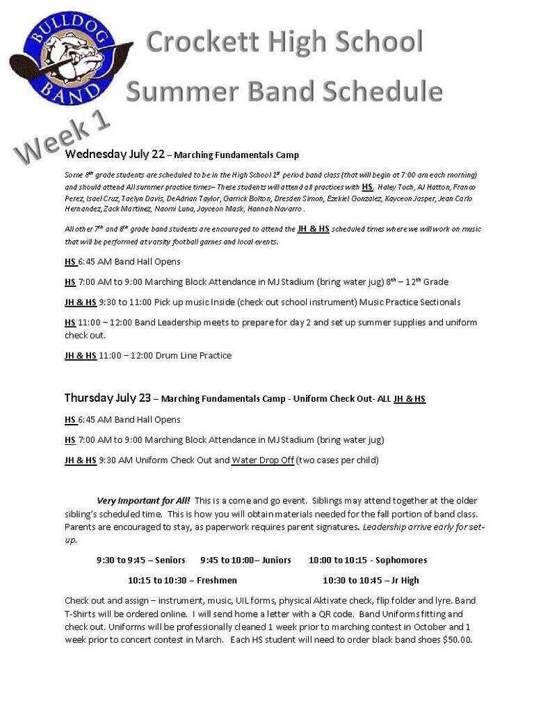 Crockett High School Summer Band Schedule!