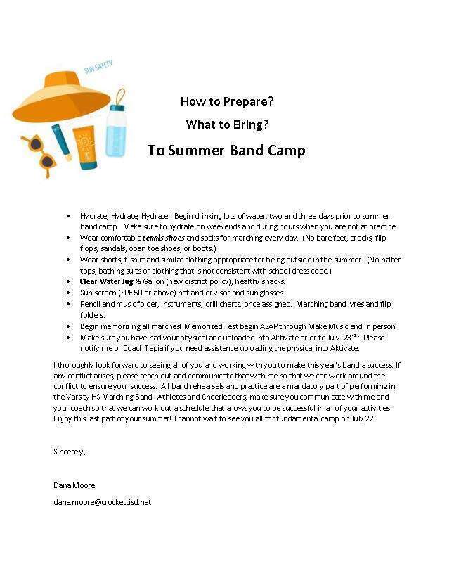 Crockett High School Summer Band Schedule!