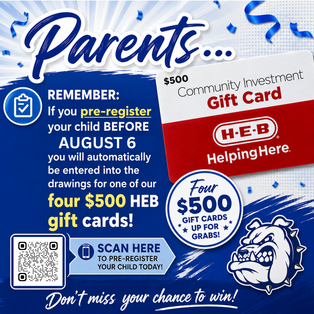 🚨 Reminder, Parents! Pre‑register your child(ren) and get entered into a drawing for a chance to win a $500 H‑E‑B gift card. Scan the QR code to register and secure your spot!