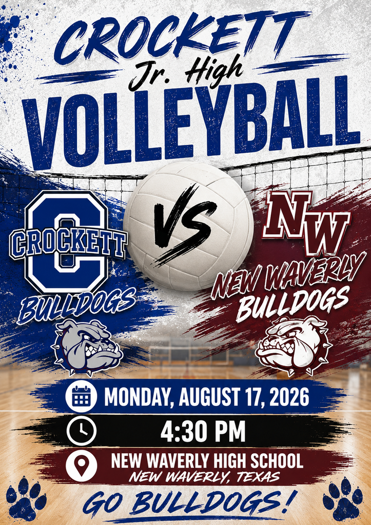 🏐 Crockett Jr. High Volleyball hits the road! Crockett Jr. High will take on New Waverly at New Waverly on August 17, 2026 at 4:30pm. Come out and cheer on our girls as they kick off the season strong! 💙🤍