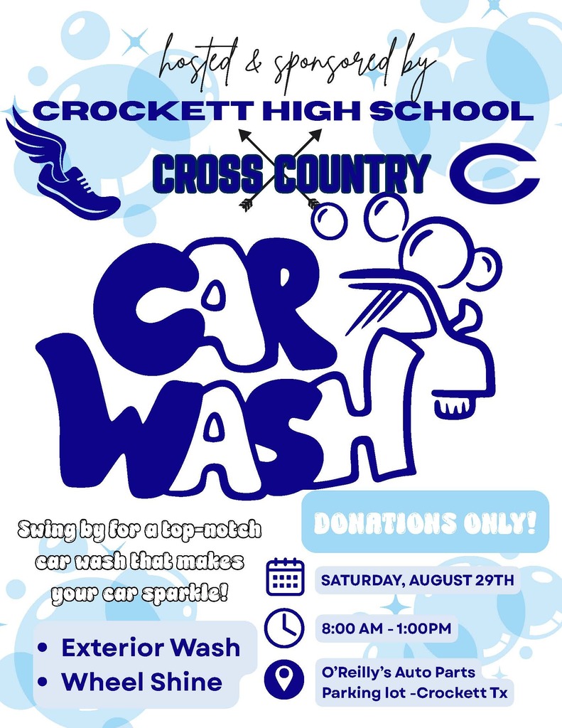 🚗💦 Crockett High School Cross Country is hosting a Car Wash this Saturday, August 29, from 8 AM – 1 PM at the O’Reilly Auto Parts parking lot. Swing by, get your ride shining, and support our hardworking runners! Donations are welcome and every dollar helps our athletes go the distance.