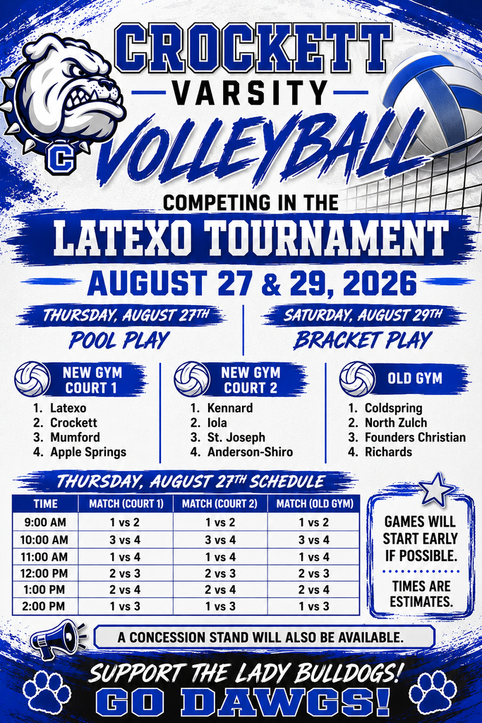 Crockett Varsity Volleyball is headed to the Latexo Tournament on August 27 & 29, 2026. Let’s cheer our girls on as they take the court!