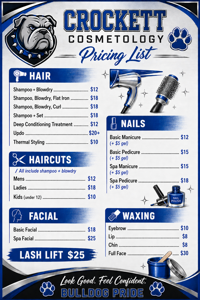 Crockett Cosmetology Salon Days are HERE — and we’ve got a fresh new price list! Support our talented Cosmetology students while treating yourself to a little self‑care. 📅 Salon Days: Start September 2, 2026 📧 Schedule your appointment: cosmetology@crockettisd.net Come out, get pampered, and help our future stylists shine.