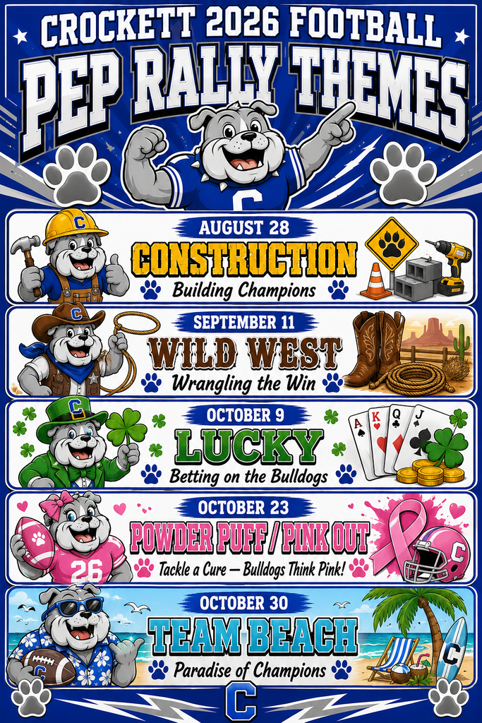 Crockett High School Pep Rally Themes Our first Pep Rally kicks off August 28, 2026 at 3:05 PM in the CHS Gym—let’s bring the energy, Bulldogs!