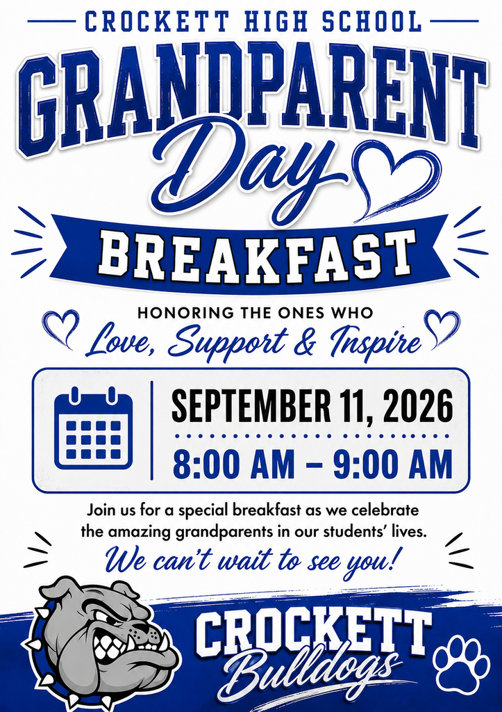 💙 GRANDPARENTS DAYS ARE COMING UP! 💙 Crockett ISD is excited to celebrate our amazing grandparents across all campuses! Mark your calendars: Jr. High – September 9 Early Childhood – September 10 High School – September 11 Elementary – September 14 We can’t wait to welcome all the wonderful grandparents who support, encourage, and love our students every day.