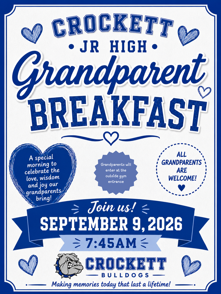 💙 GRANDPARENTS DAYS ARE COMING UP! 💙 Crockett ISD is excited to celebrate our amazing grandparents across all campuses! Mark your calendars: Jr. High – September 9 Early Childhood – September 10 High School – September 11 Elementary – September 14 We can’t wait to welcome all the wonderful grandparents who support, encourage, and love our students every day.