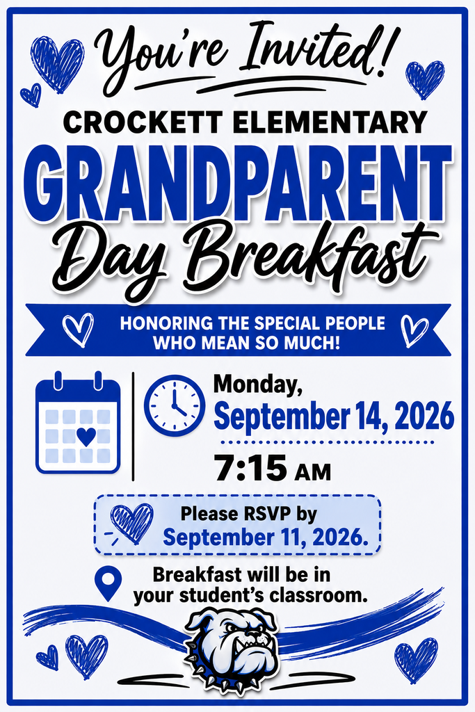 💙 GRANDPARENTS DAYS ARE COMING UP! 💙 Crockett ISD is excited to celebrate our amazing grandparents across all campuses! Mark your calendars: Jr. High – September 9 Early Childhood – September 10 High School – September 11 Elementary – September 14 We can’t wait to welcome all the wonderful grandparents who support, encourage, and love our students every day.