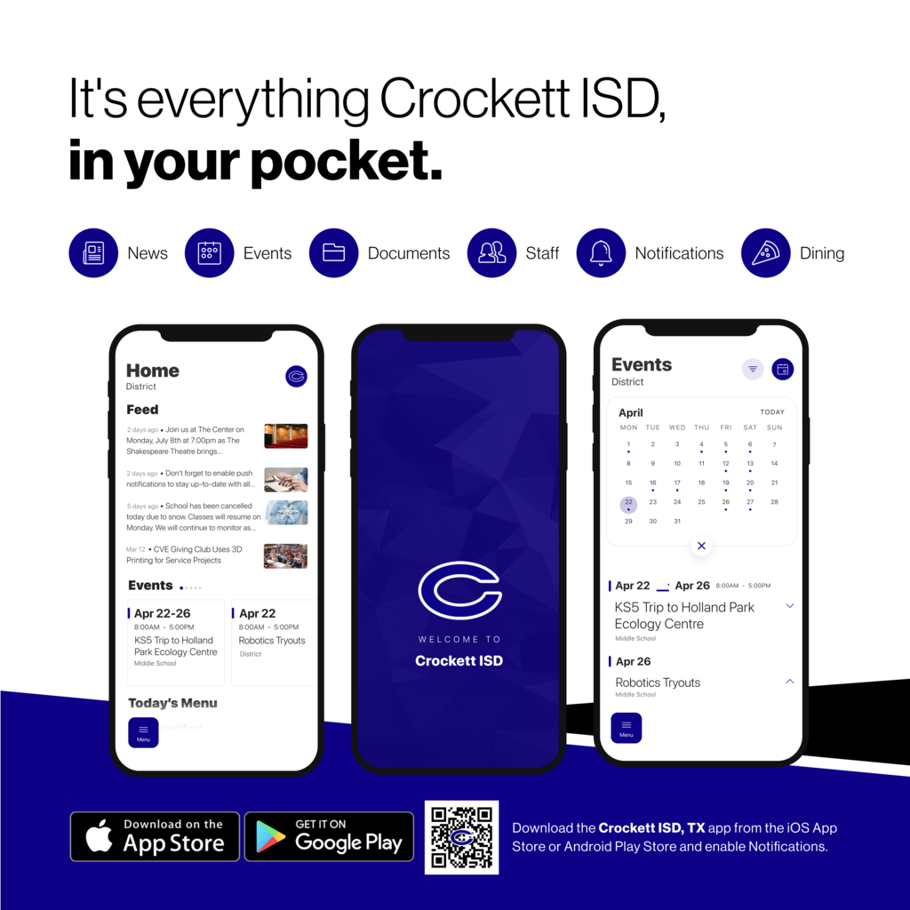 📱 Stay Connected with Crockett ISD! To stay informed on campus events, important updates, and district news throughout the year, be sure to download our Crockett ISD app. Simply scan the QR code on the attached flyer to get started. For instant alerts and notifications, the app is the fastest and most reliable way to stay in the loop and never miss an update from the Bulldog family. The Crockett ISD Bulldog Newsletter is now available online in our Parent Center: https://www.crockettisd.net/page/parents