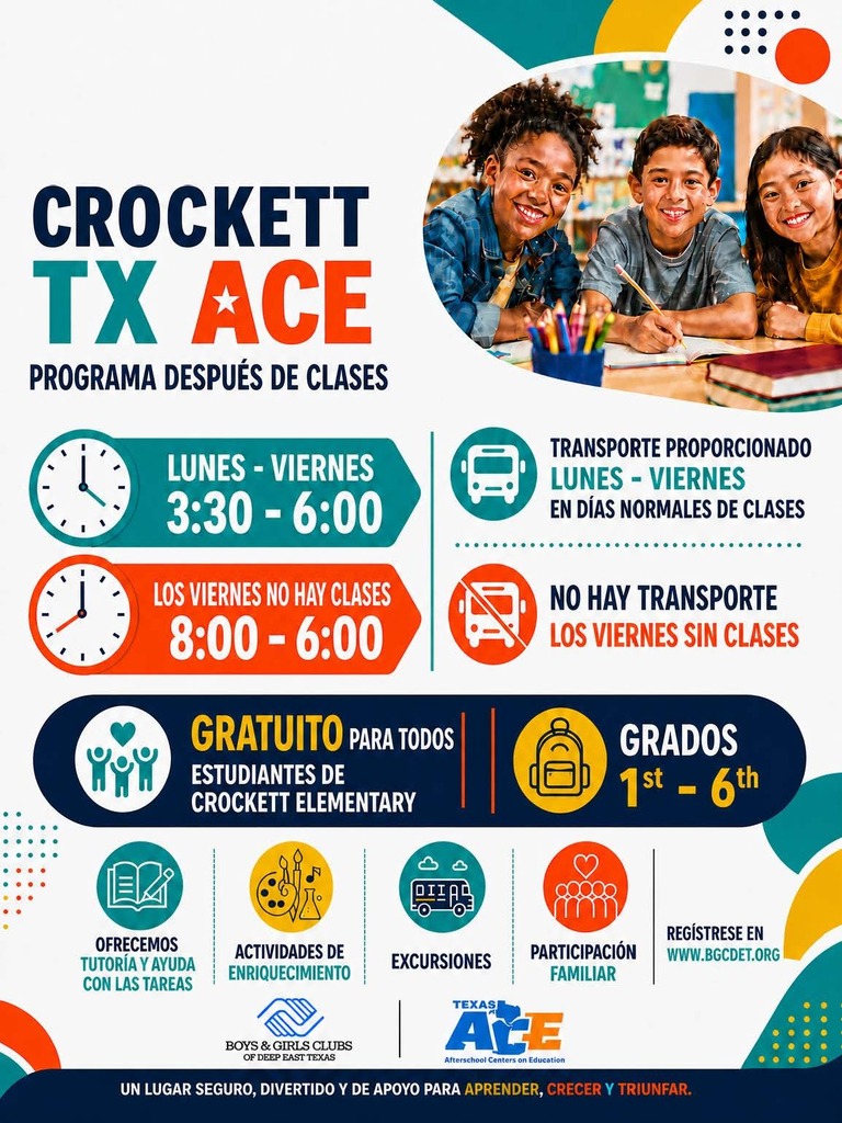 The Boys and Girls Club offers Crockett TX ACE Afterschool Program for grades 1st - 6th. If you are interested in registering your child go to www.BGCDET.org.