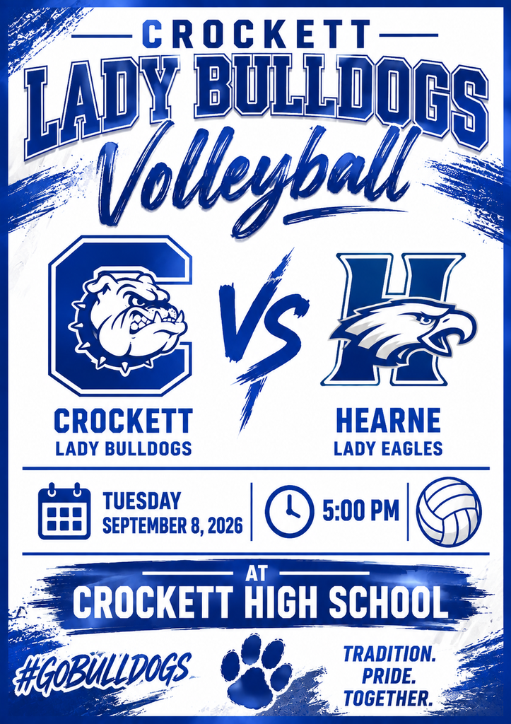 🏐🔥 GAME DAY ALERT, BULLDOG NATION! 🔥🏐   Crockett JV/V Volleyball faces Hearne on September 8, 2026 at 5 PM in the CHS Gym. Let’s pack the stands and bring that Bulldog energy as our girls defend home court.