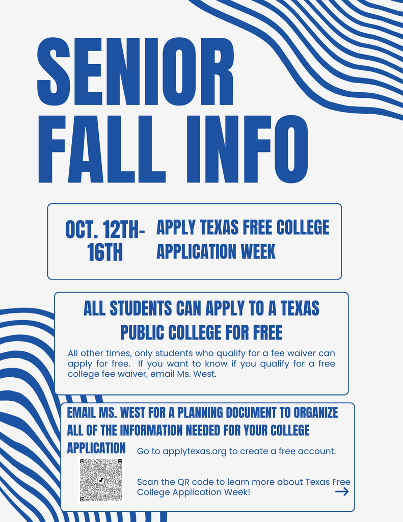 🎓🔥 ATTENTION CHS SENIORS! 🔥🎓 Apply Texas FREE College Application Week is coming up — October 12–16, 2026! All seniors can apply to a Texas Public College for FREE during this week. Don’t miss your chance to get ahead on your college plans! Need help getting organized? Email Ms. West for a planning document to keep all your application info in one place. Create your free account at ApplyTexas.org Or scan the QR code on the flyer for more details.