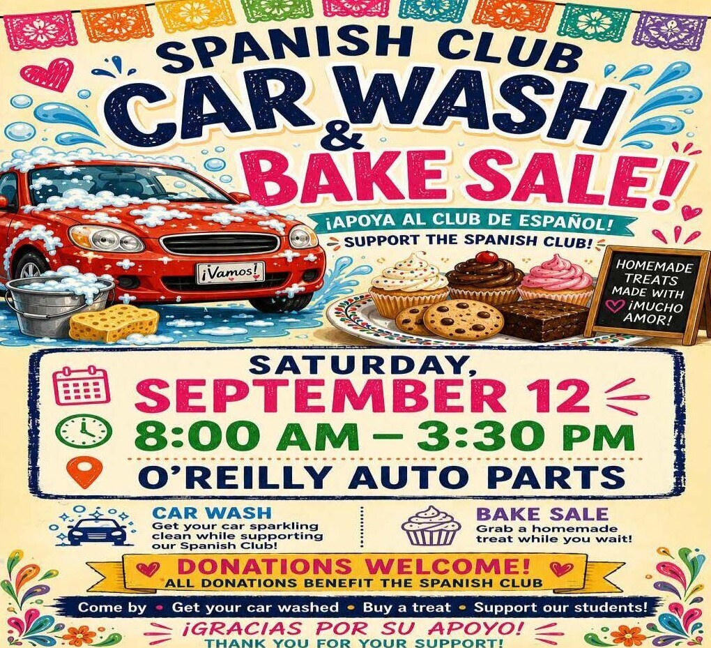 🚗💦 Car Wash + Bake Sale Alert! Crockett High School Spanish Club is hosting a Car Wash and Bake Sale on September 12, 2026, from 8 AM–3:30 PM! Swing by the parking lot next to O’Reilly’s Auto Parts to get your car shining and grab some sweet treats while supporting our Bulldogs.