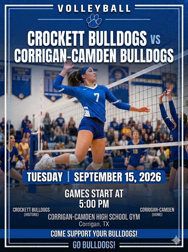 🏐🔥 BULLDOGS HIT THE ROAD! 🔥🏐 Crockett JV/V Volleyball travels to Corrigan‑Camden on September 15, 2026 at 5 PM for another big matchup. Let’s bring that Bulldog pride and cheer our girls on as they take on the Bulldogs of Corrigan‑Camden!