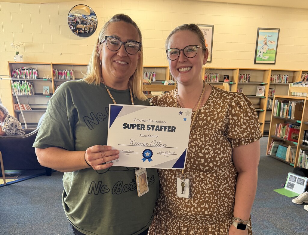 Congratulations to Mrs. Allen, Crockett Elementary's  August Staff Member of the Month!   Thank you for your dedication and the positive impact you make every day. Presented by Mrs. Johnson, Instructional Leadership Coach.
