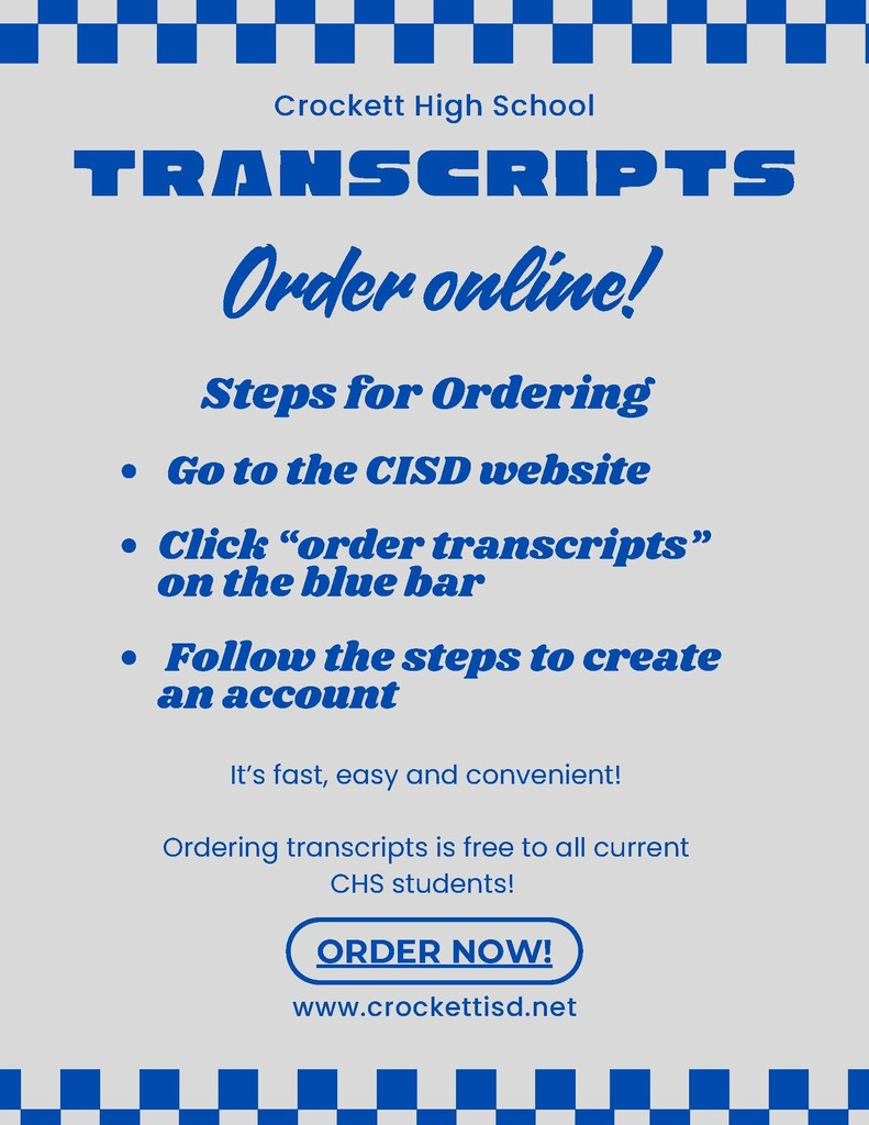 📄✨ Need Your High School Transcript? ✨📄 You can now order your Crockett High School transcript online! Just head to www.crockettisd.net and click the blue “Order Transcripts” button — quick, easy, and available anytime.