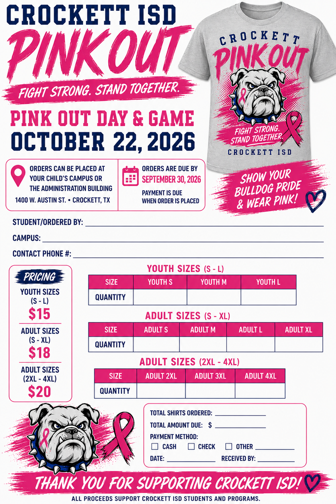 Hello Bulldog Nation! 💗🐾 It’s that time of year when we proudly wear pink to support those who are currently fighting or have bravely fought against breast cancer. Our Pink Out Day & Game will be October 22, 2026 (game date change)! Attached is the order form — please fill it out and turn in both the form and payment to your child's campus or Administration Office. All orders are due by September 30, 2026. Let’s show our support and paint the stands PINK! 🎀🔥