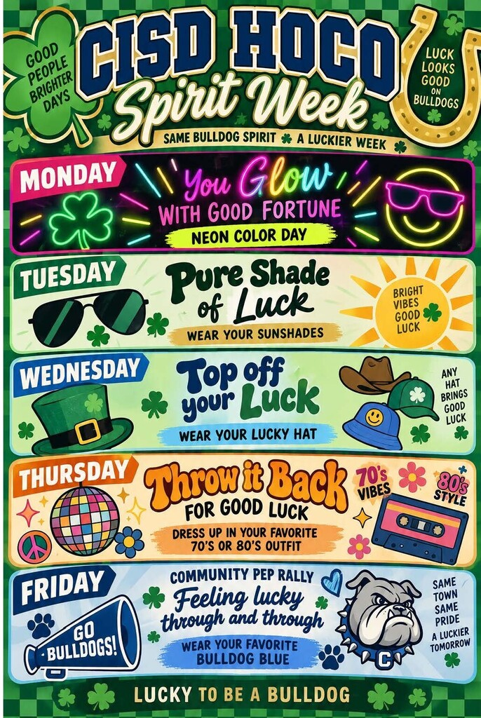 🎉 Crockett ISD HOCO Spirit Week • October 5–9, 2026 🎉 Get ready, Bulldogs — Homecoming Spirit Week is almost here! Show your pride all week long with our dress‑up days and help us bring the energy leading up to Friday’s big celebration. 💙 Friday, October 9: Join us for the Community Pep Rally wearing your blue and white. Let’s show our Bulldog spirit and make HOCO 2026 unforgettable!