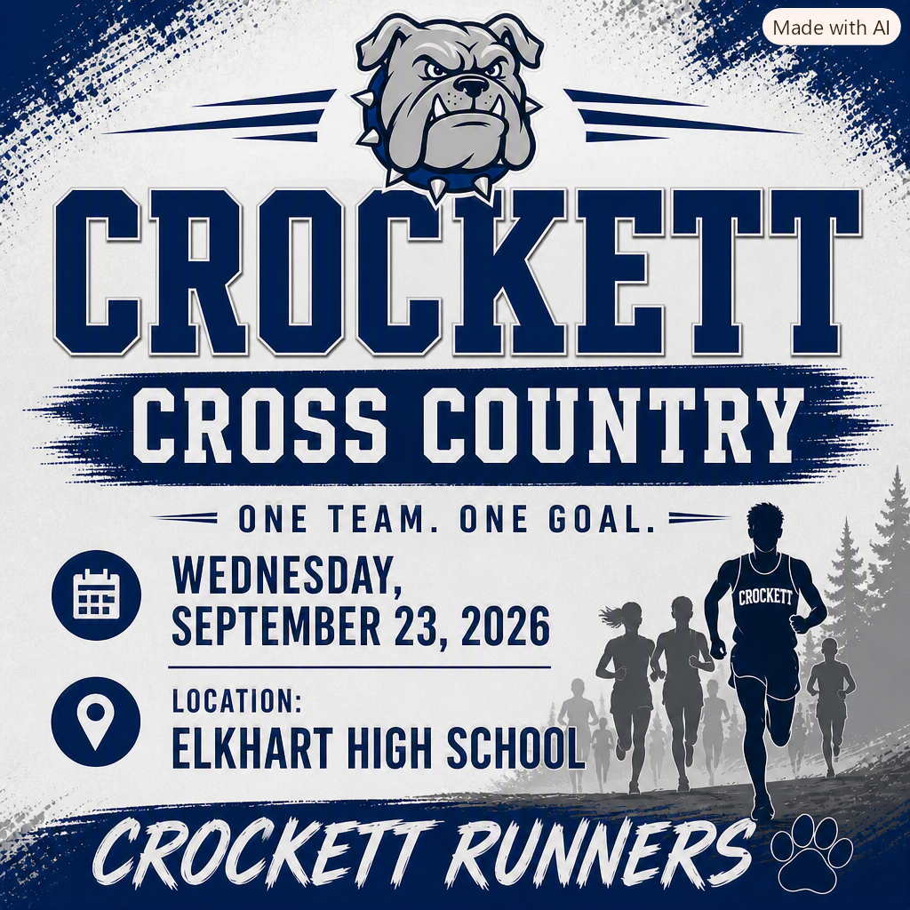 Crockett JV/V Cross Country is on the move! Our Bulldogs compete at Elkhart on September 23, 2026. Let’s run strong! 🏃♂️🐾