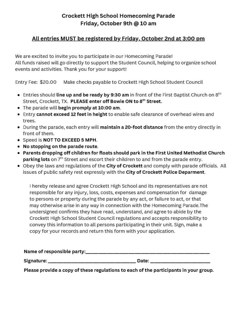 CROCKETT, IT’S HOMECOMING TIME! Crockett High School and the CHS Student Council invite our entire community to join us for the 2026 Homecoming Parade & Community Pep Rally on Friday, October 9! HOMECOMING PARADE The parade begins at 10:00 AM, with lineup at 9:30 AM. We would love to fill the parade with our local businesses, churches, organizations, clubs, teams, and community groups! Want to be in the parade? Complete the Homecoming Parade Registration Form and return it by Friday, October 2 at 3:00 PM. The community entry fee is just $20 per entry. COMMUNITY PEP RALLY When the parade ends, don’t go home! Join us for a Community Pep Rally immediately following the parade at First United Methodist Church. Come out, wear your Bulldog blue, cheer on our students, and help us kick off Homecoming with some serious Bulldog spirit! Need a parade application or have questions? liza.drake@crockettisd.net for the Parade or leslie.sample@crockettisd.net for the Pep Rally 936-544-2125 Text: 832-996-3500 (Liza)