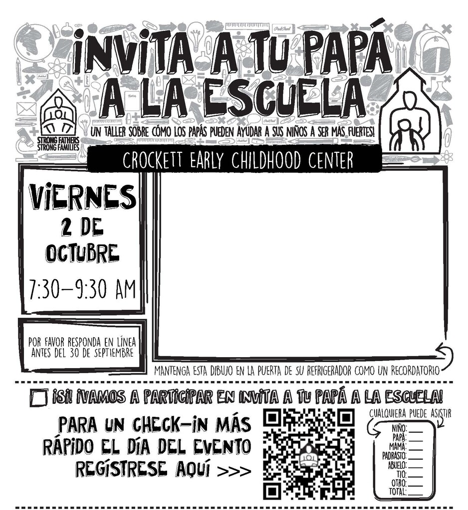 💙👨👧 CROCKETT EARLY CHILDHOOD — ¡DÍA DE TRAER A PAPÁ A LA ESCUELA! 👨👦💙 Crockett Early Childhood celebrará el "Día de traer a papá a la escuela" el 2 de octubre de 2026 a las 7:30 p. m. ¡Estamos deseando dar la bienvenida a todos los papás y figuras paternas para disfrutar de una velada especial con nuestros alumnos!