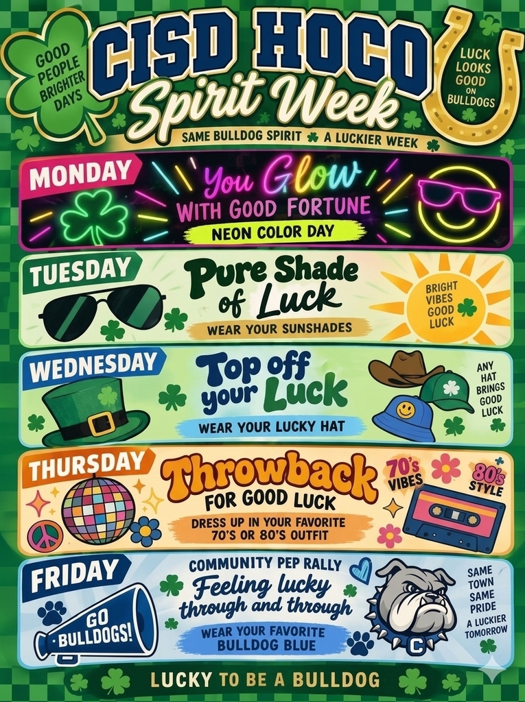 🎉 Crockett ISD HOCO Spirit Week • October 5–9, 2026 🎉 Get ready, Bulldogs — Homecoming Spirit Week is almost here! Show your pride all week long with our dress‑up days and help us bring the energy leading up to Friday’s big celebration. 💙 Friday, October 9: Join us for the Community Pep Rally wearing your blue and white. Let’s show our Bulldog spirit and make HOCO 2026 unforgettable!