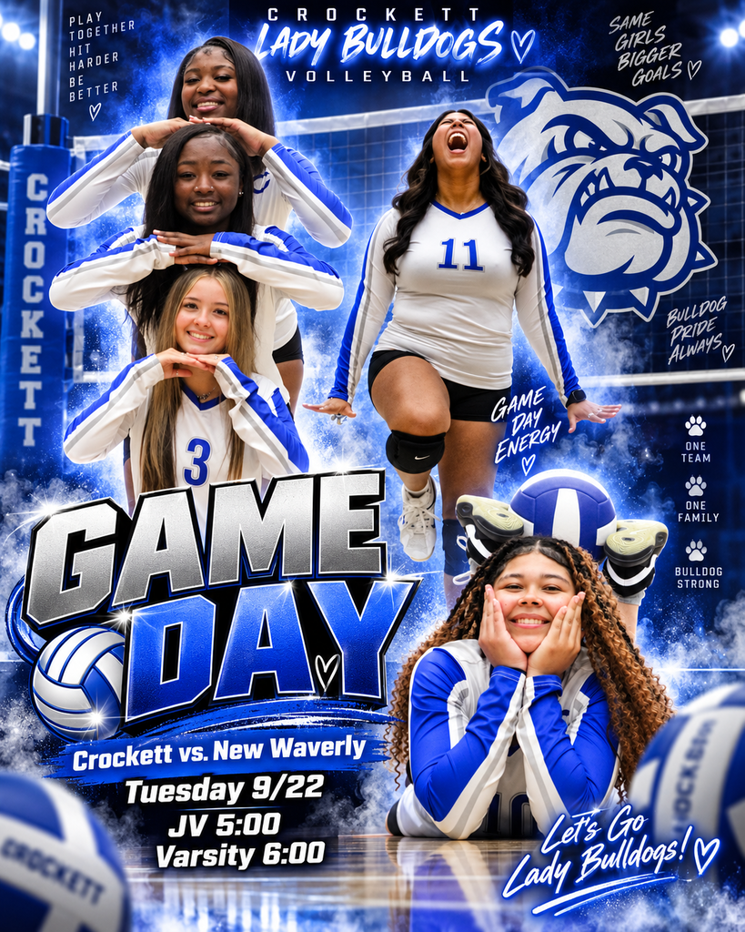 🏐 Crockett JV/V Volleyball vs. New Waverly — September 22  Our Lady Bulldogs are back on the court! Crockett JV Volleyball takes on New Waverly on September 22, 2026 at 5 PM right here at Crockett. Bring the energy and come cheer them on! 💙🐾