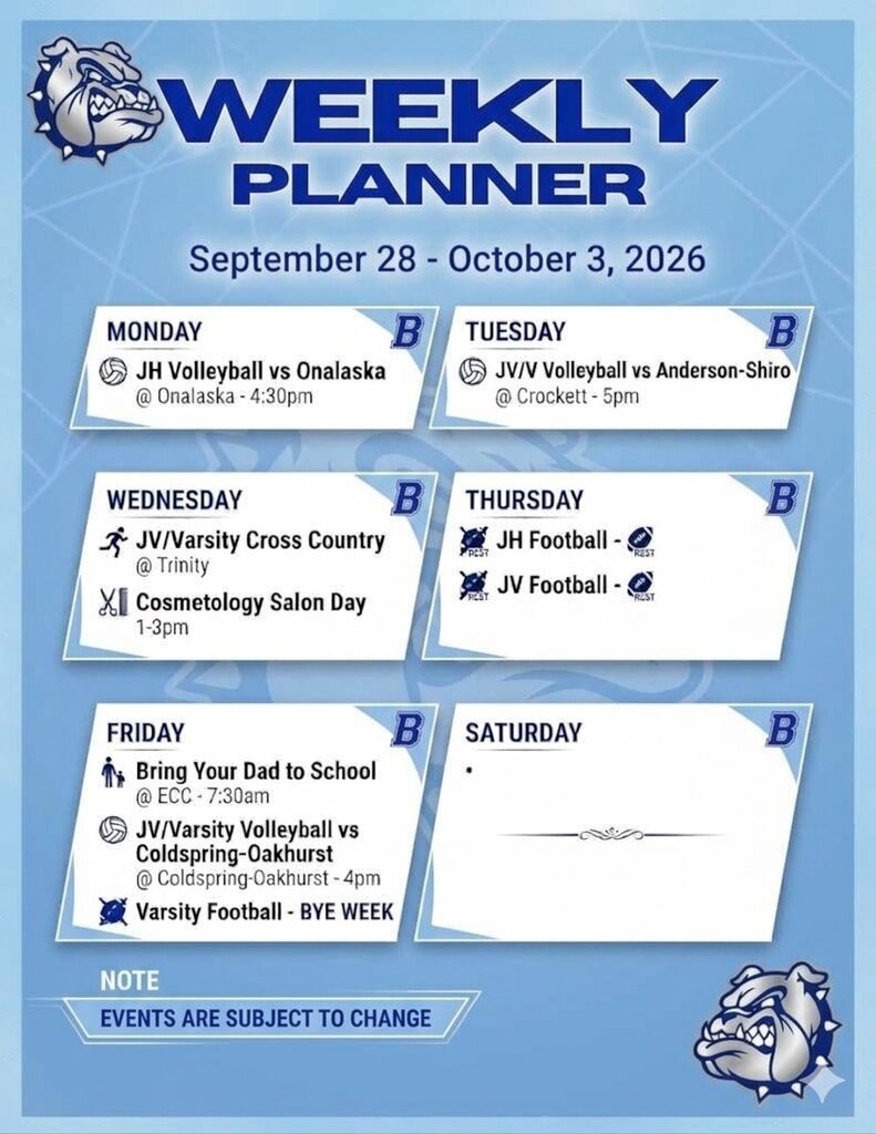 📅 Crockett ISD Weekly Schedule • September 28–October 3, 2026 Your week-at-a-glance is here! Stay connected, stay involved, and cheer on our Bulldogs all week long. Note: Events are subject to change.